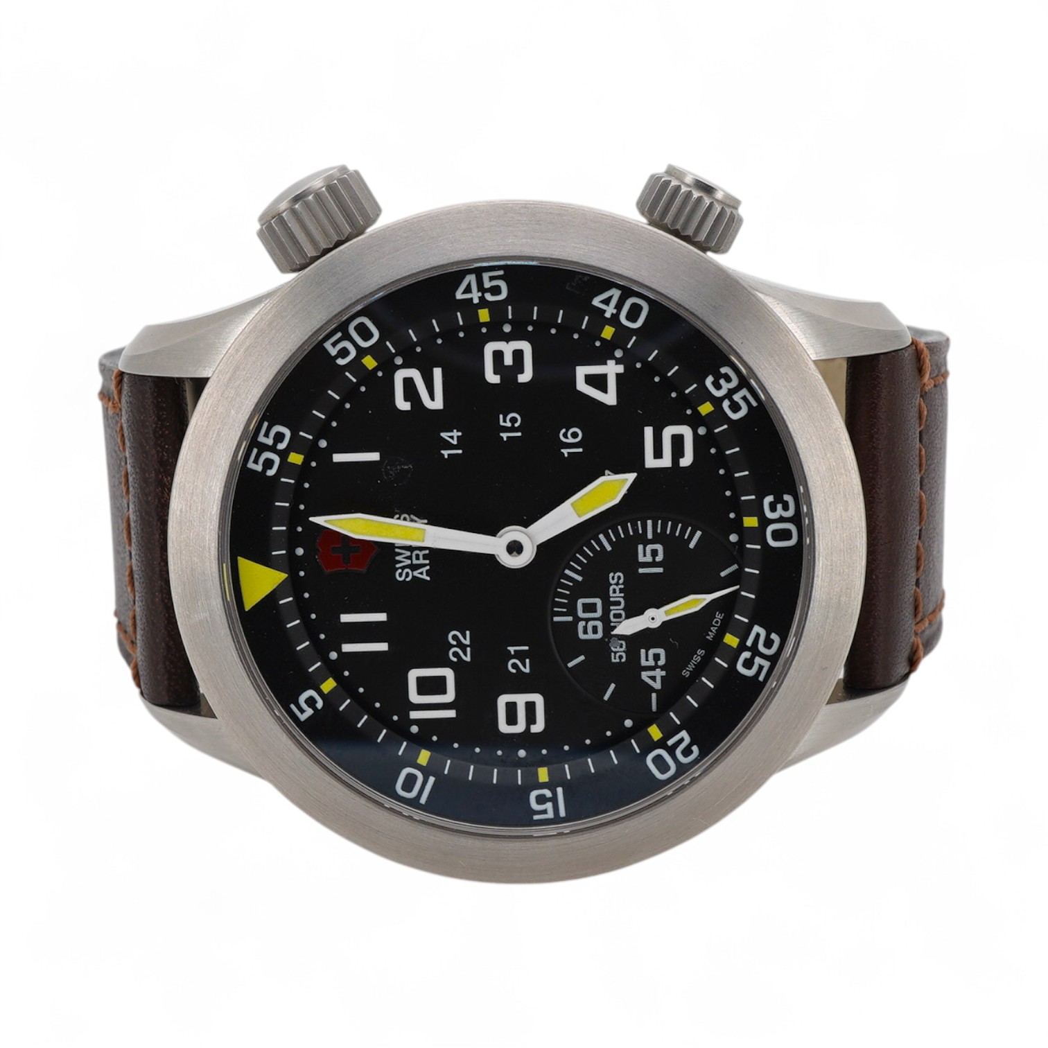 A gentleman's recent stainless steel Victorinox Swiss Army stainless steel manual wind wrist watch with black Arabic dial and subsidiary seconds, case diameter 45mm, on a brown leather strap, no box or papers.